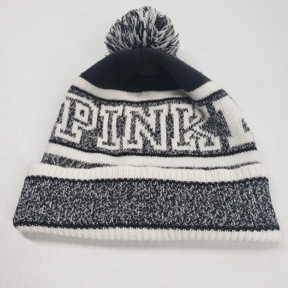 Victorias Secret PINK Nation Cozy Knit Pom Beanie Womens Black Gameday Winter